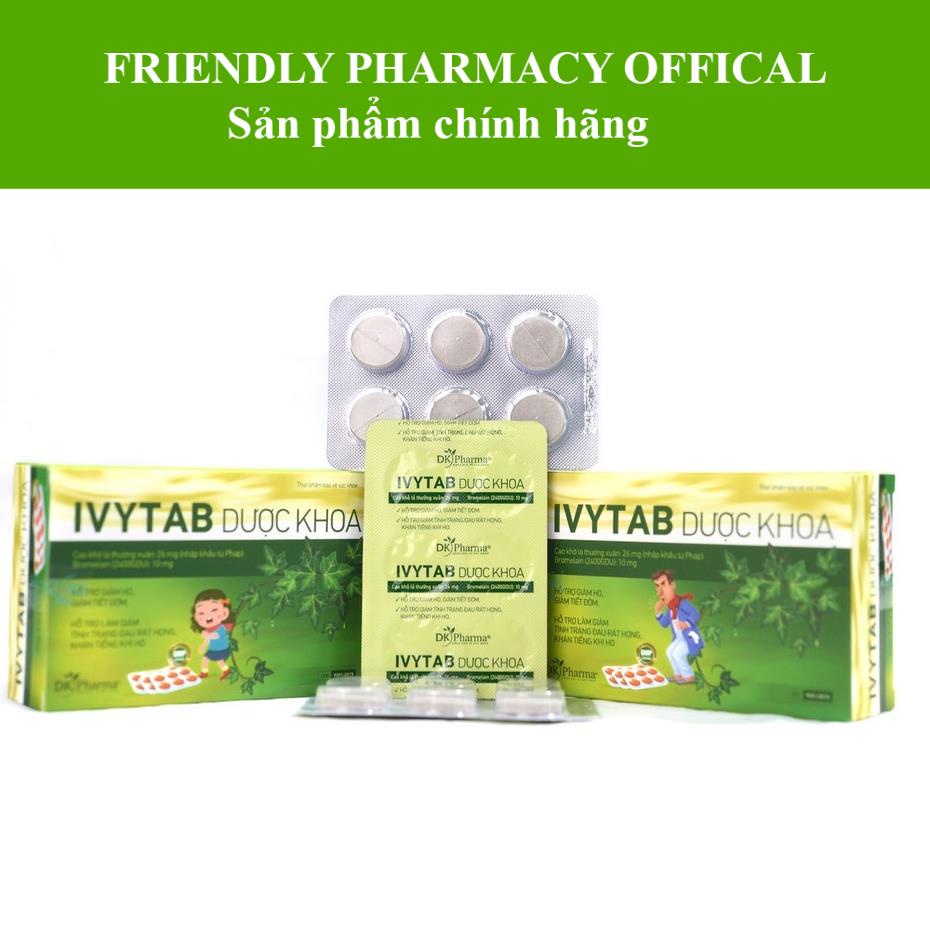 IVYTAB DƯỢC KHOA – Viên ngậm hỗ trợ giảm ho, tiêu đờm, viêm họng, đau, ngứa rát cổ họng, giảm sưng phù nề (18 viên)