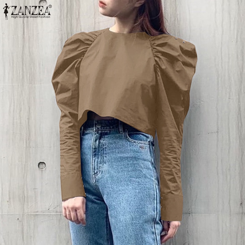 Áo kiểu Zanzea tay phồng dài cổ tròn màu trơn thời trang dành cho nữ