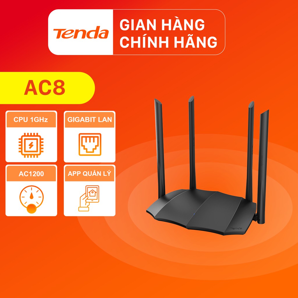 Tenda Thiết bị phát Wifi AC8 Chuẩn AC 1200Mbps - Hãng phân phối chính thức