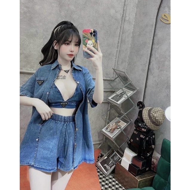 Set Bộ 3 Món Jean Áo Dây Cổ V Kèm Khoác Quần Short Đùi