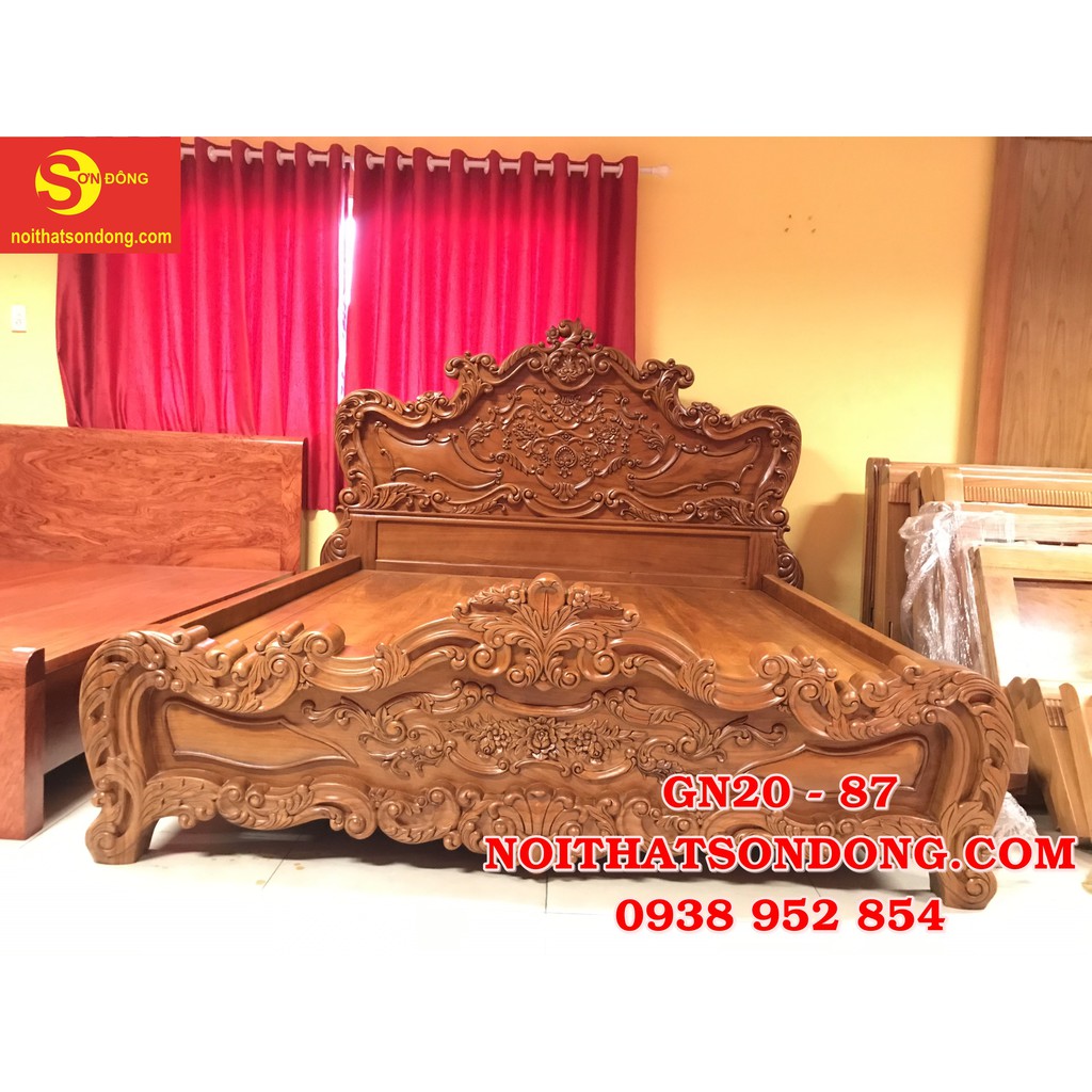 Giường ngủ cổ điển Châu Âu gỗ gõ đỏ 1,8x2m