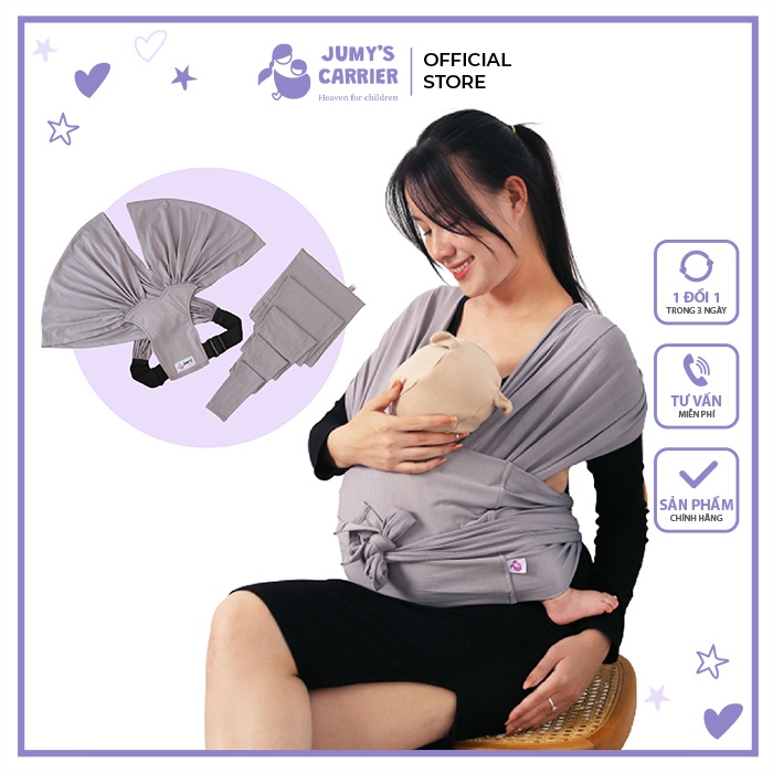 Địu vải trợ lực JUMY (0-24 tháng), địu em bé bằng cotton thoáng khí ôm form cho bé chuẩn chân chữ M lưng chữ C-Màu Ghi