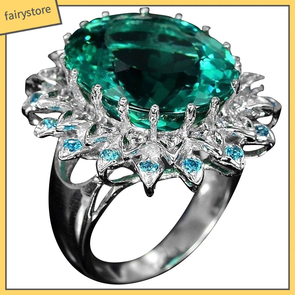 Nhẫn mặt zircon màu xanh lá hình bầu dục thời trang cho nữ