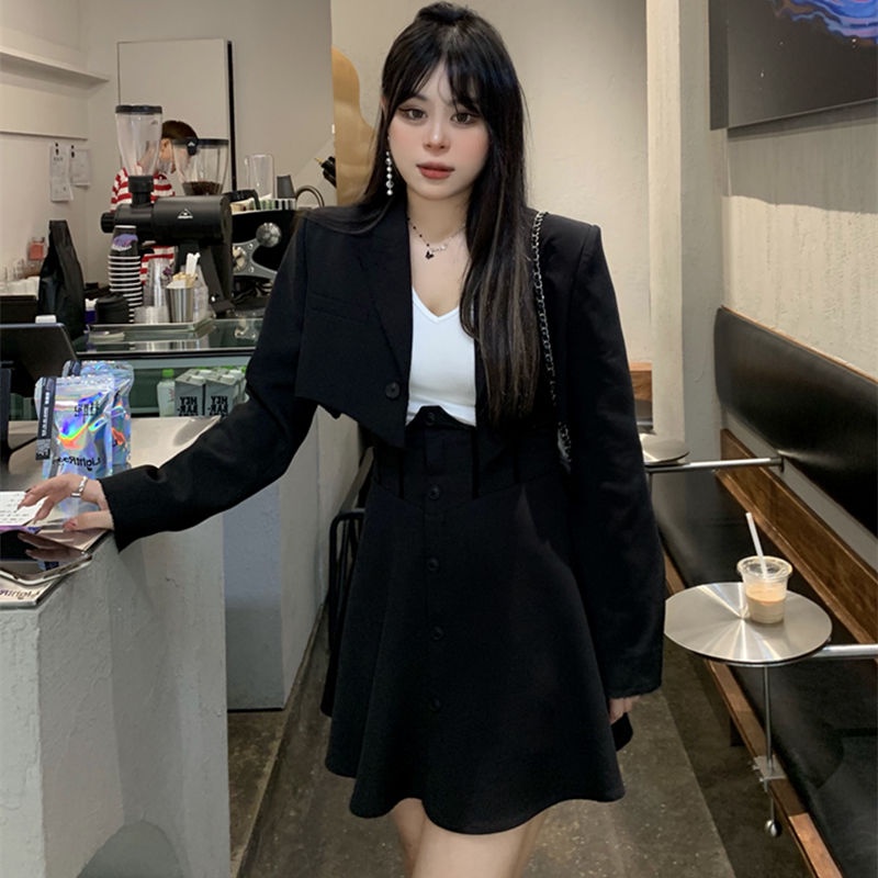 Set Áo Khoác Phối Chân Váy Màu Đen Thời Trang Mùa Thu Cho Nữ