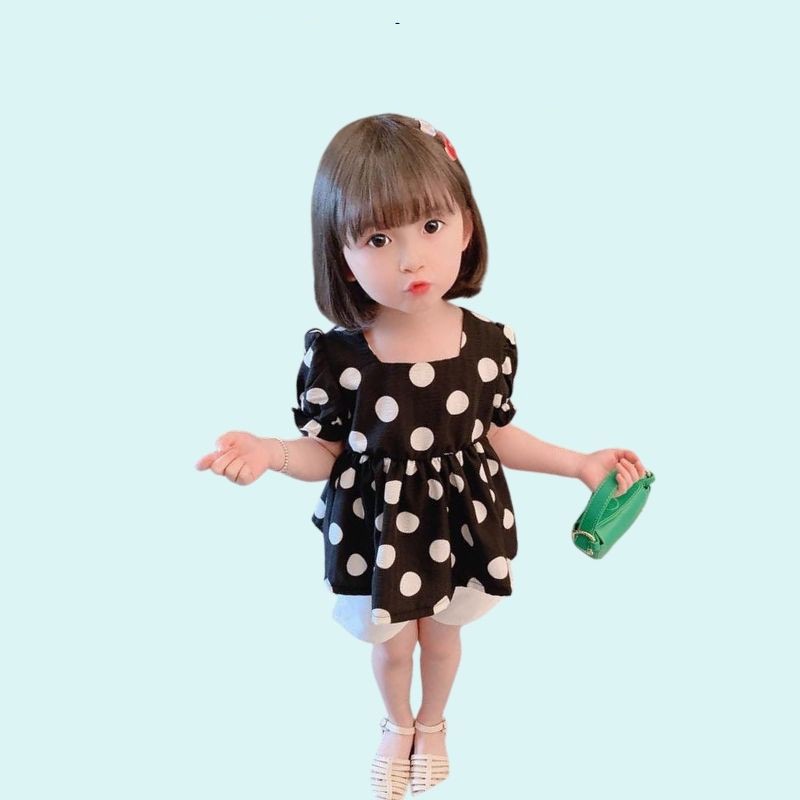 Đồ bộ trẻ em cho bé gái set áo chấm bi buộc dây lưng mix quần sooc xinh xắn điệu đà JIMADO AB9056