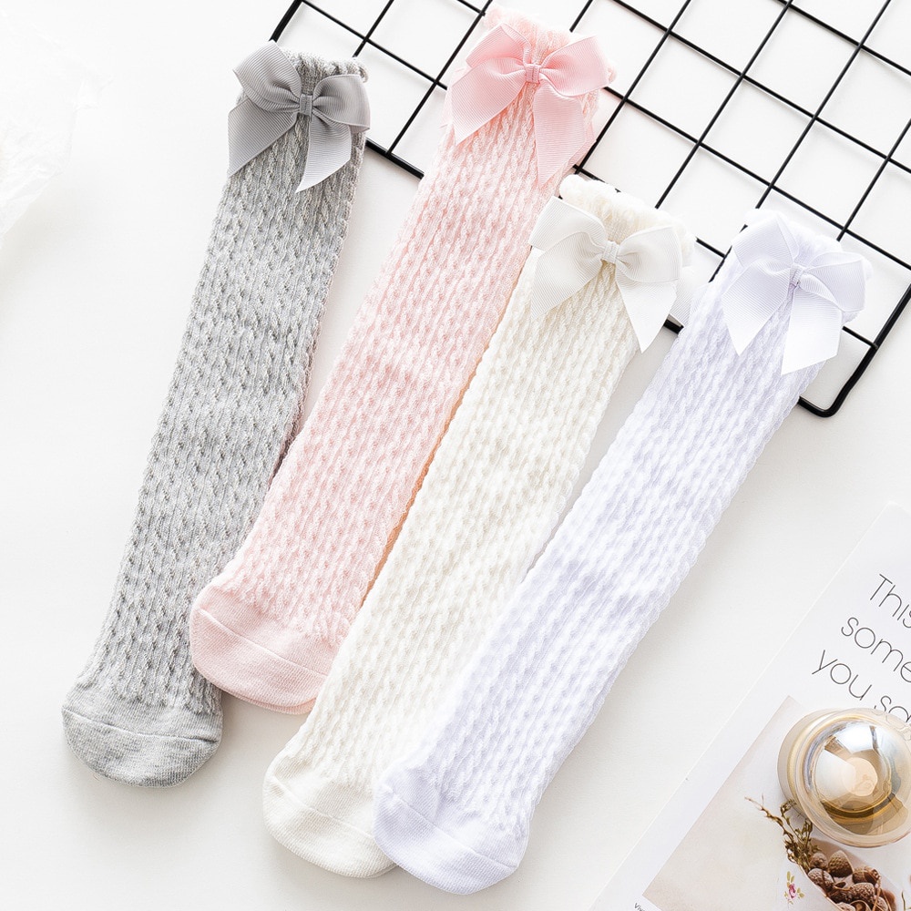 Vớ Cotton Dài Đến Đầu Gối Phối Lưới Đính Nơ Dễ Thương Thoáng Khí Cho Bé Gái