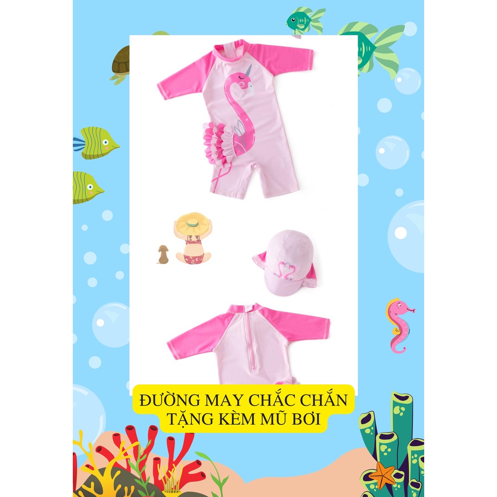 Đồ bơi bé gái cao cấp hình thiên nga hồng dài tay liền thân kèm mũ cho bé 2-7 tuổi