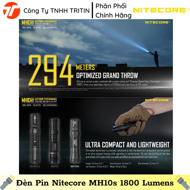 Đèn Pin EDC Nitecore MH10s 1800 Lumens, Tầm Chiếu 294m, 21700 or 18650 or CR123  | TRITINCO