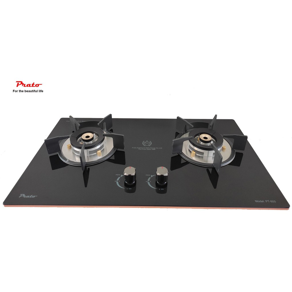 Bếp gas âm Prato Model: PT-800, bếp gas đôi cảm ứng ngắt gas tự động an toàn được sản xuất tại Italy, mặt kính đen.