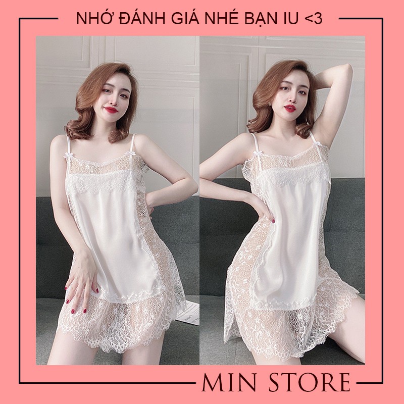 Váy ngủ 2 dây sexy gợi cảm xuyên thấu lụa satin phối ren mi cao cấp V006 - Min Store | BigBuy360 - bigbuy360.vn