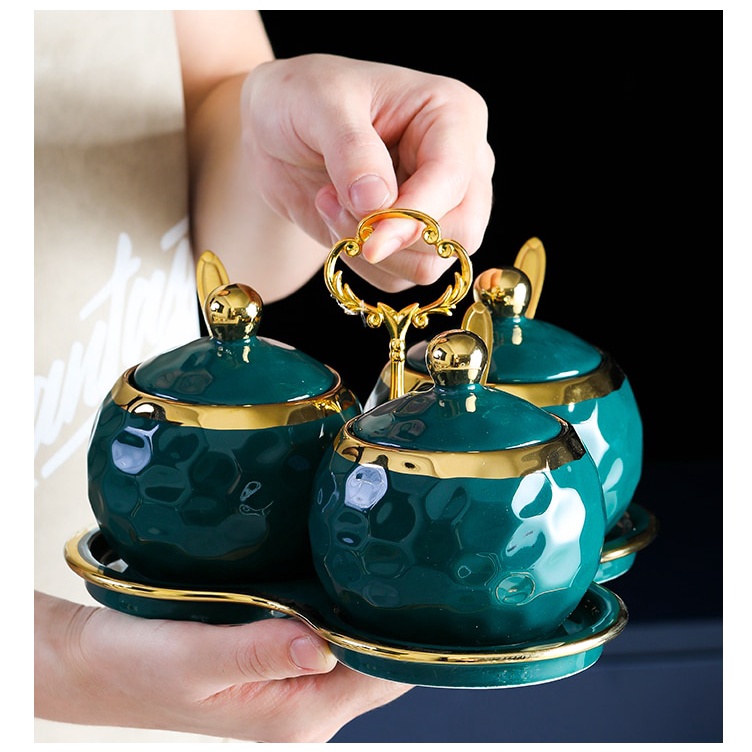Bộ 3 hũ đựng gia vị sứ tròn nhiều màu viền vàng cao cấp phong cách Bắc Âu