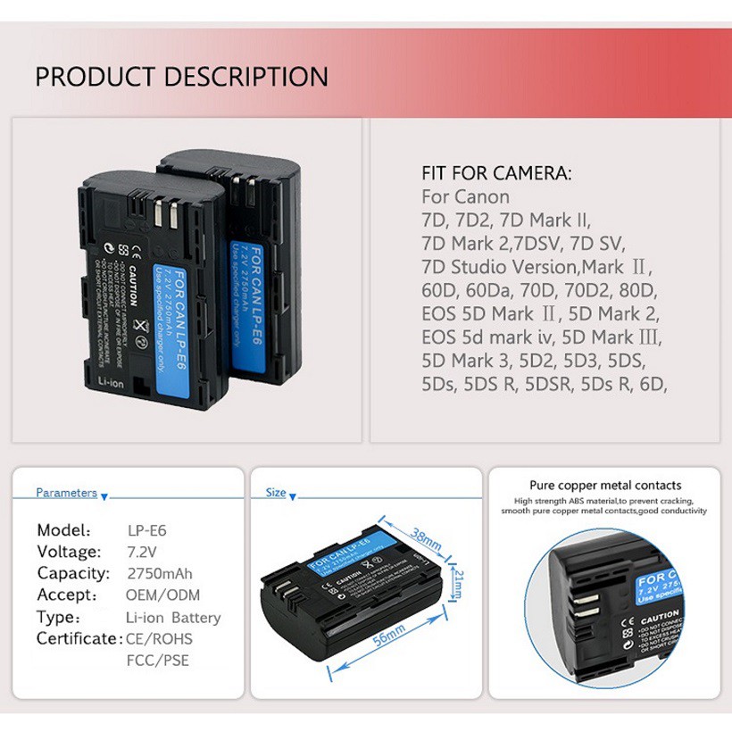 Pin Máy Ảnh Canon LP-E6 2750mAh Cho Canon 60D, 70D, 6D, 7D, 5D MARK II, 5D MARK III, 7D II