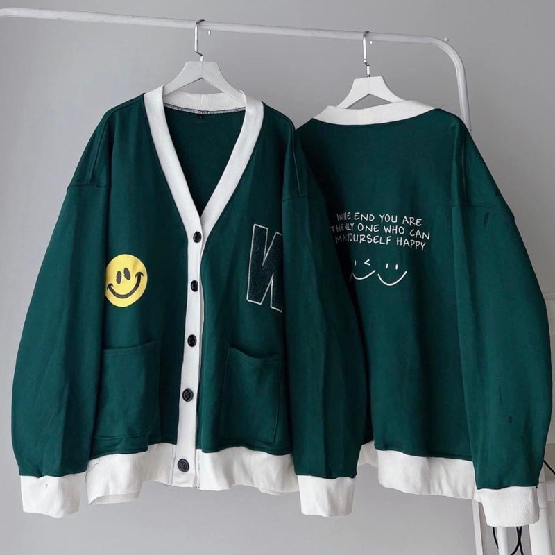 Áo Khoác Cardigan Unisex Form Rộng Xanh Két HAPPY SMILE - pqk boutique