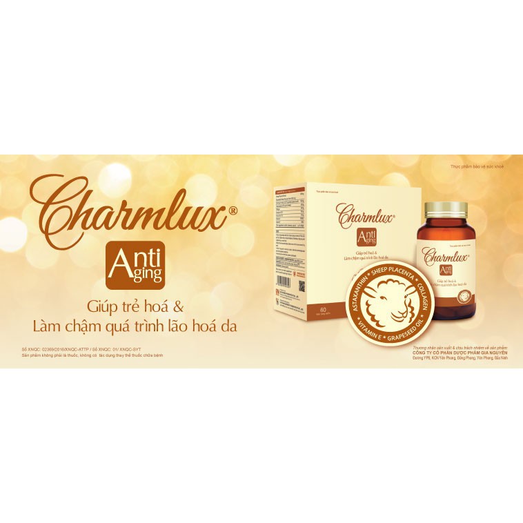 Charmlux - Hỗ trợ làm chậm quá trình lão hóa da, cải thiện da trùng nhão, kém đàn hồi, nếp nhăn (Hộp 60 Viên)