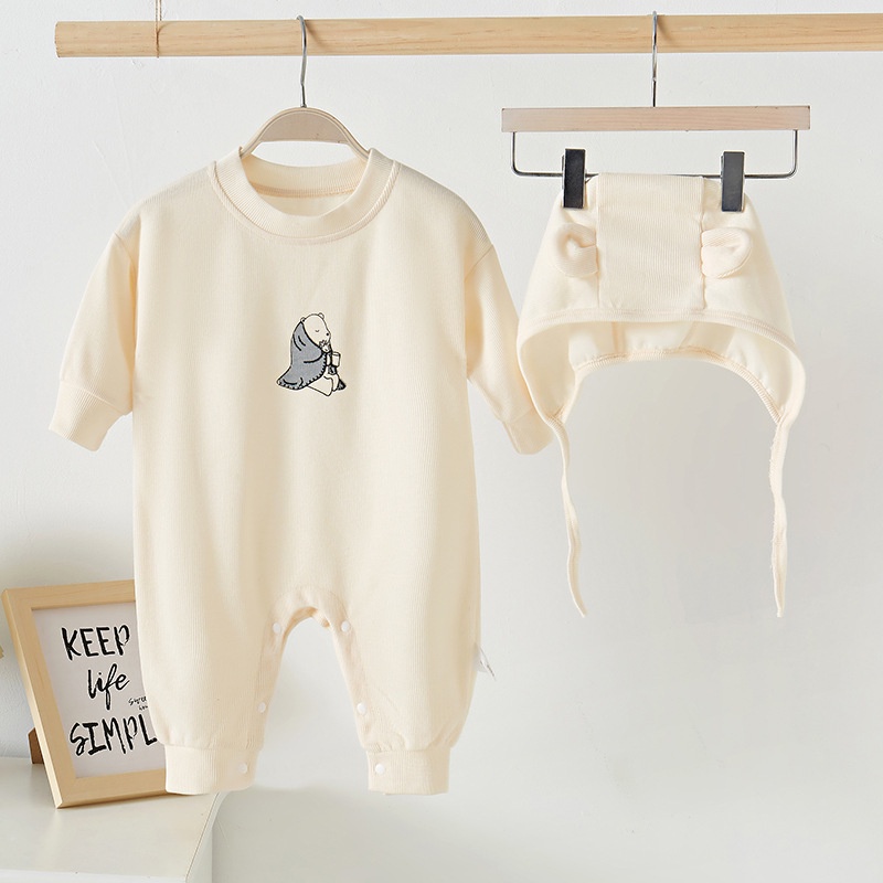 Bộ Áo Liền Quần Bằng Vải Cotton In Hoạt Hình Gấu Kèm Nón Thời Trang Mùa Thu Cho Bé Sơ Sinh