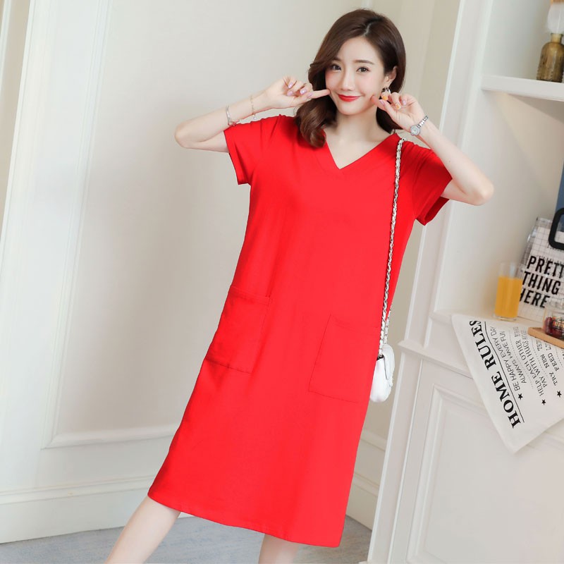 Đầm Thun Cotton Tay Ngắn Cổ Chữ V Dáng Rộng Phối Túi Lớn Thời Trang 2020 Cho Nữ