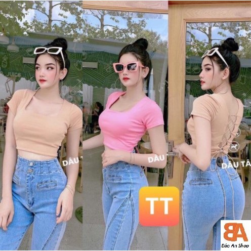 Áo croptop đan dây lưng tay ngắn