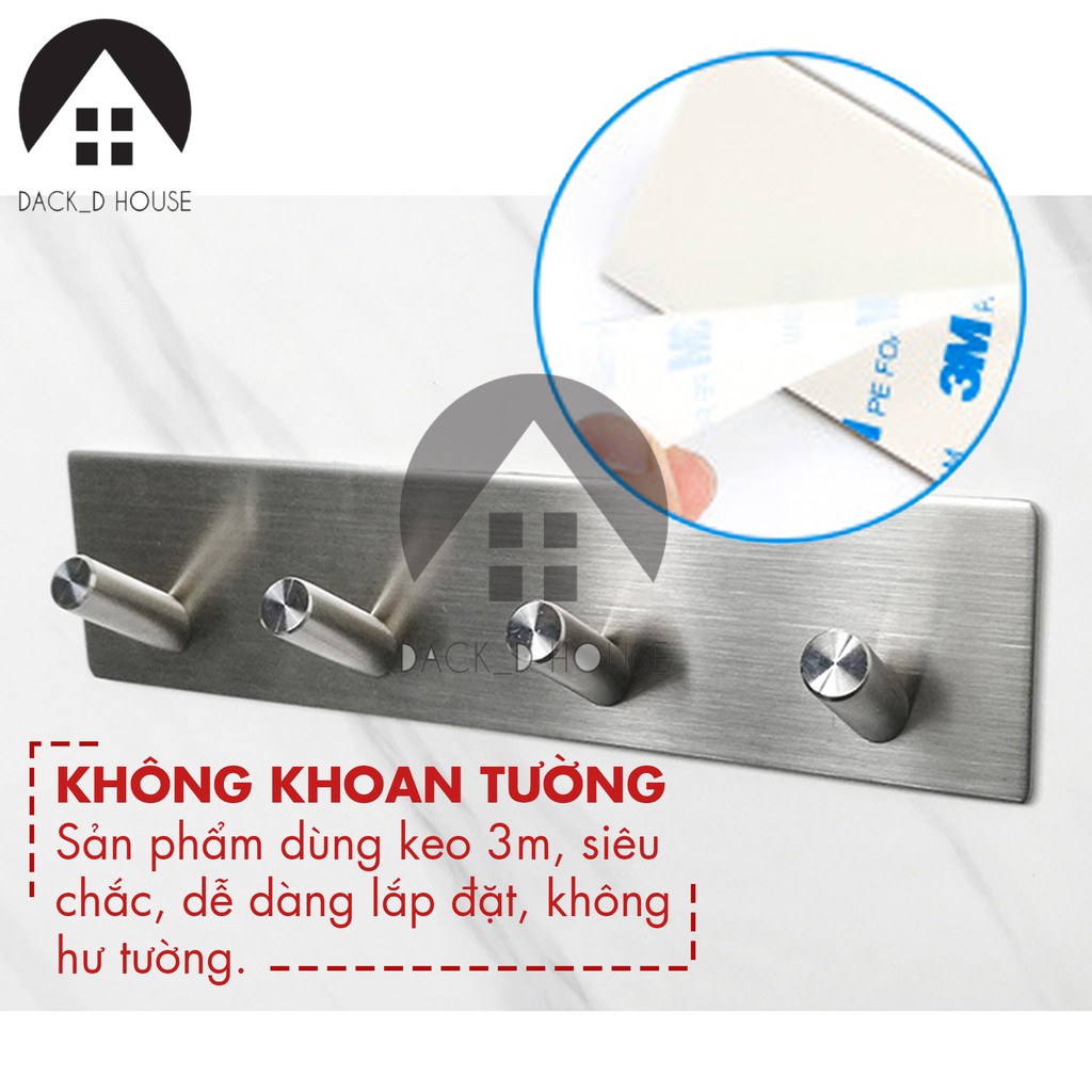 Móc treo quần áo inox Dack D Hous 4 chấu, inox 304 không rỉ sét, kèm keo 3M dán tiện lợi, gia dụng cao cấp