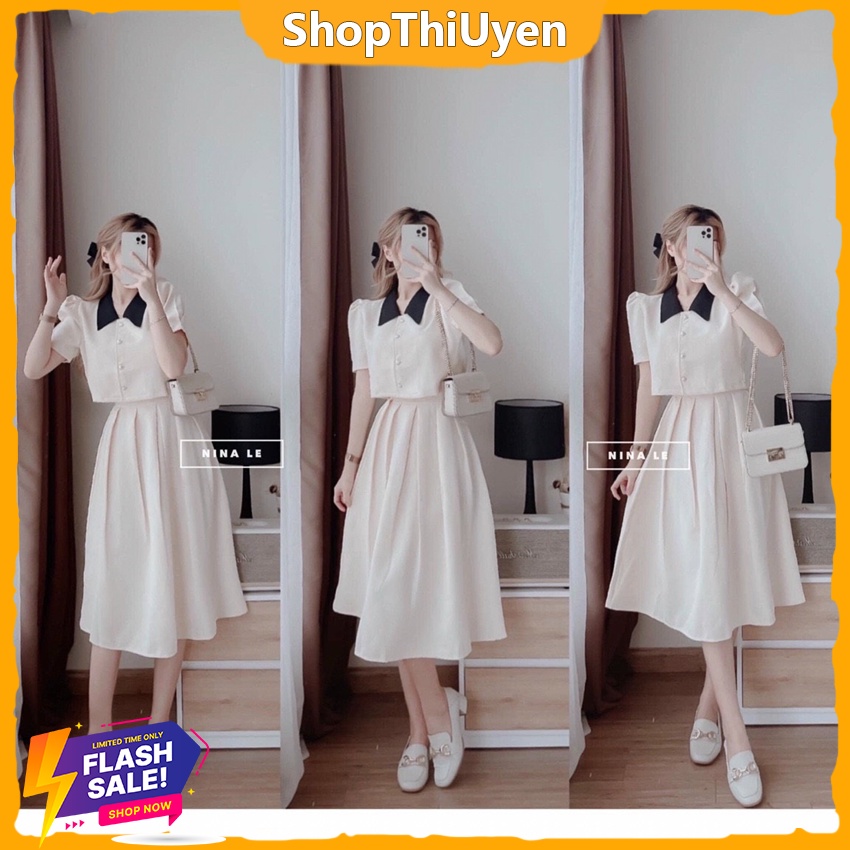 Set tiểu thư Hàn Quốc thanh lịch, áo kiểu nữ cổ bẻ tay ngắn, set vải tapta sang chảnh, chân váy xòe dài xếp ly qua gối