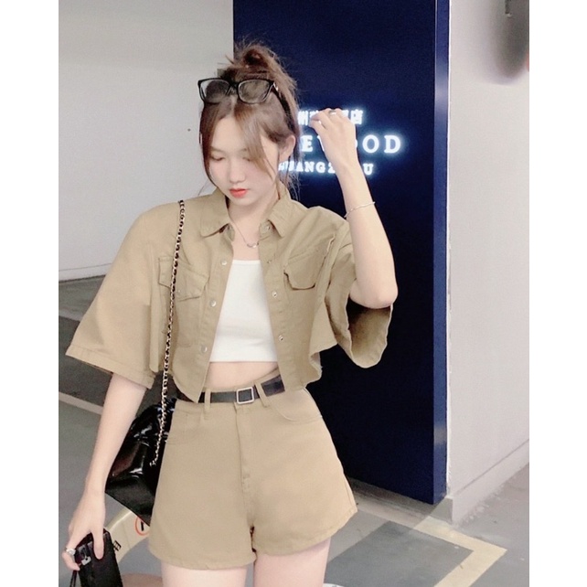 SET KAKI 3 MÓN : ÁO KHOÁC CROPTOP + ÁO LÓT 2 DÂY + QUẦN SHORT