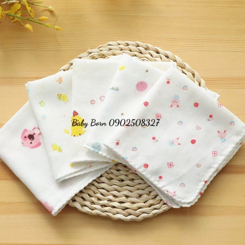 {HÀNG CHUẨN} - Set 10 khăn sữa xô 2 lớp in hình xuất Nhật cho bé, kích thước 32x32cm
