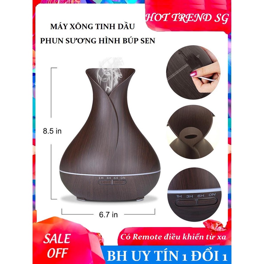 Máy Phun Sương - Máy Xông Tinh Dầu Phun Sương Hình Búp Sen 400ml (Có Chế Độ Hẹn Giờ Và Điều Khiển)