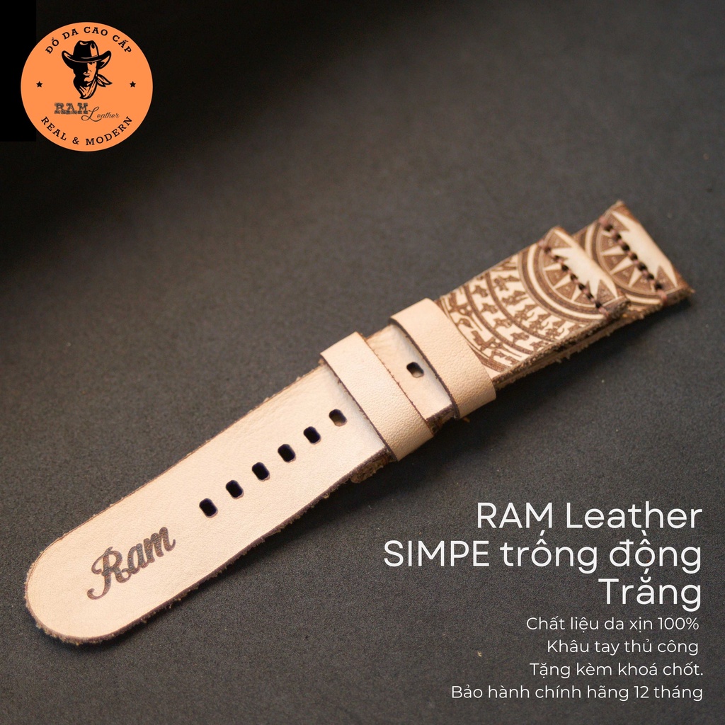 Dây Đồng Hồ Thủ Công họa tiết trống đồng màu trắng - RAM Leather Simple Traditional Bền Đẹp