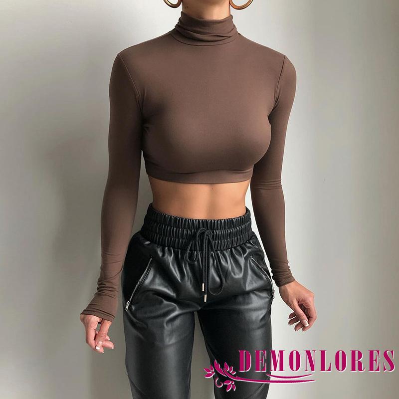 Áo croptop tay dài cổ lọ thiết kế màu trơn thanh lịch cho nữ