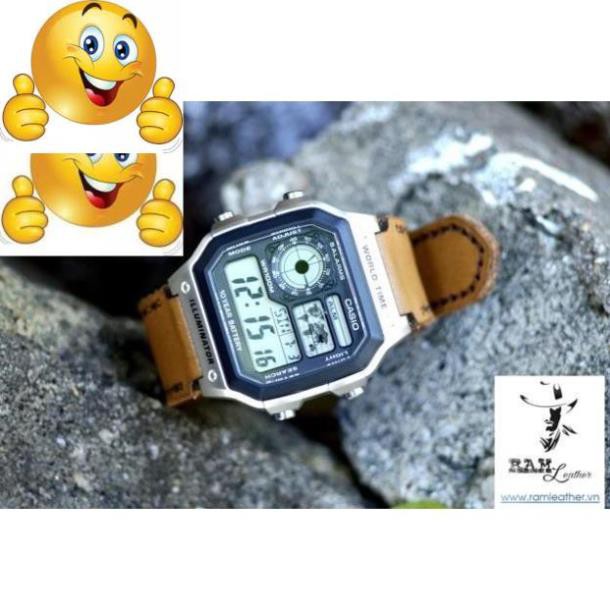 DÂY CASIO AE1200 , SEIKO 5 DA BÒ MÀU VÀNG SÁNG - RAM CLASSIC 1986 -CHÍNH HÃNG RAM LEATHER .