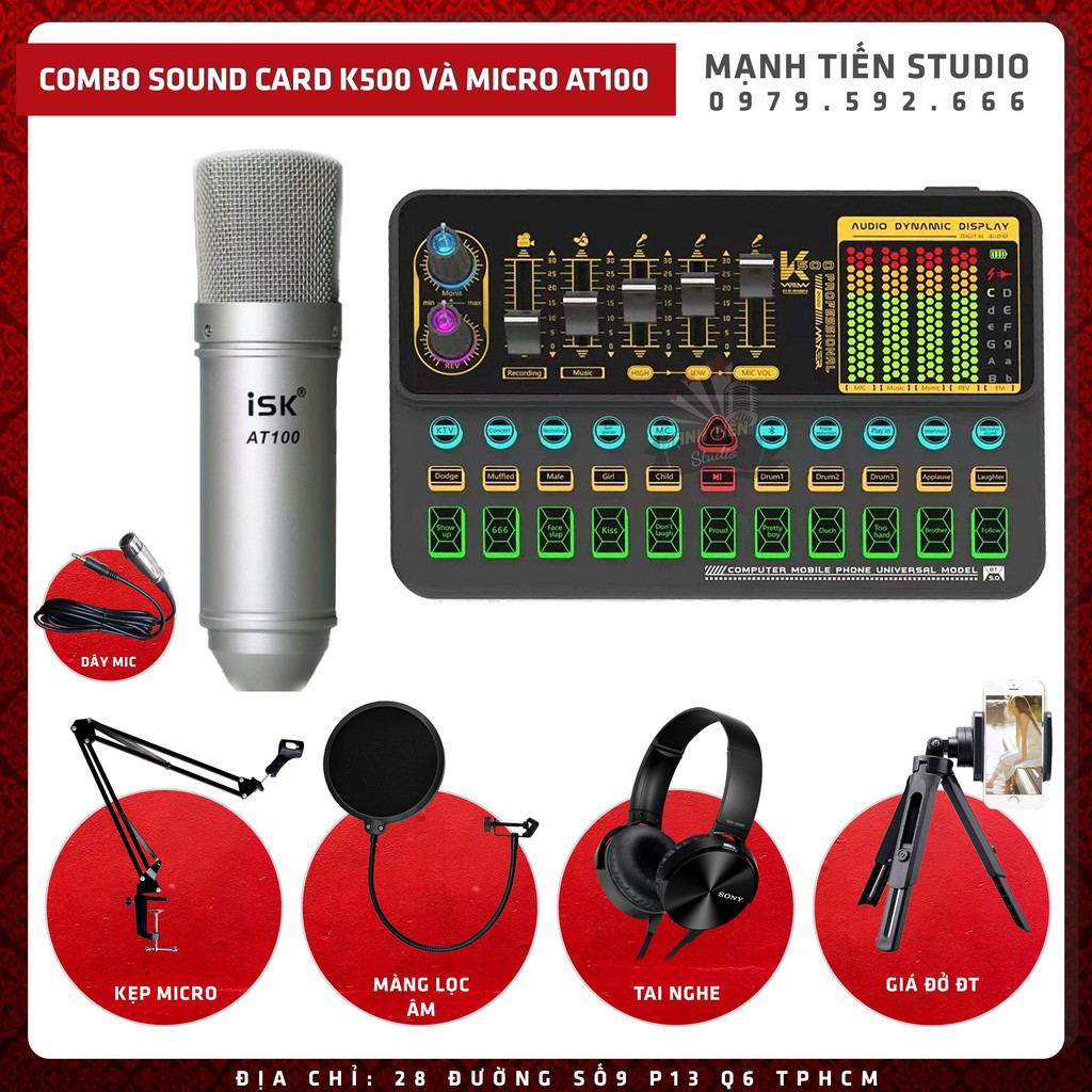 Combo thu âm livestream idol cctalk bigo tiktok karaoke Sound Card K500 Và Micro AT100 cao cấp hay như phòng thu bh 12t