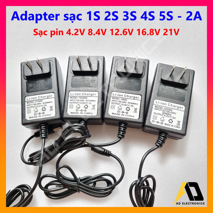 Adapter Sạc Pin lion lithium 1S 2S  3S 4S 5S  4.2V 8.4V 12.6V 16.8V 21V - 2A, Dòng sạc thực < 1Ampe, Có Đèn Báo Đầy