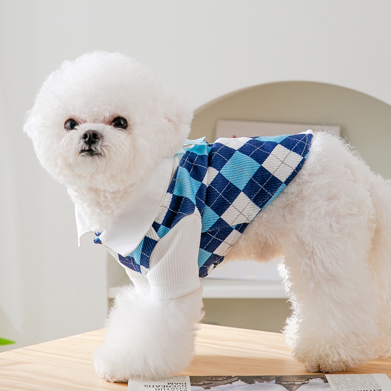 Váy cho chó poodle Hipipet Couples Oufit vải gân in kỹ thuật ca ro xanh sang chảnh đáng yêu