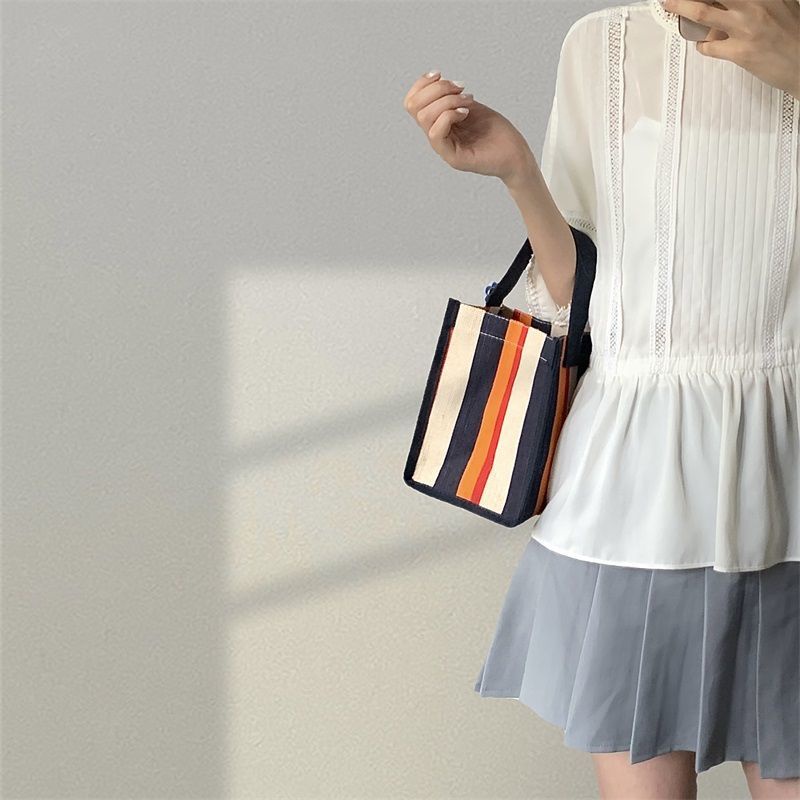 Túi Xách Tay Bằng Vải Cotton Lanh In Họa Tiết Sọc Cầu Vồng Dễ Phối Đồ Cho Nữ