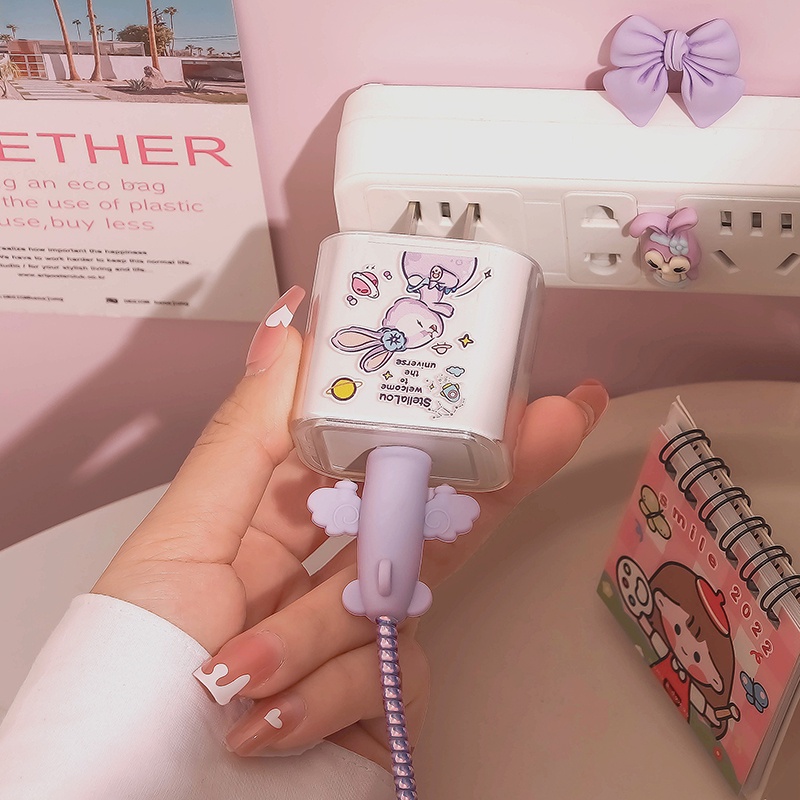 Vỏ Bọc Bảo Vệ Dây Cáp Sạc iPhone Màu Huỳnh Quang Trong Suốt Họa Tiết Hoạt Hình Dễ Thương