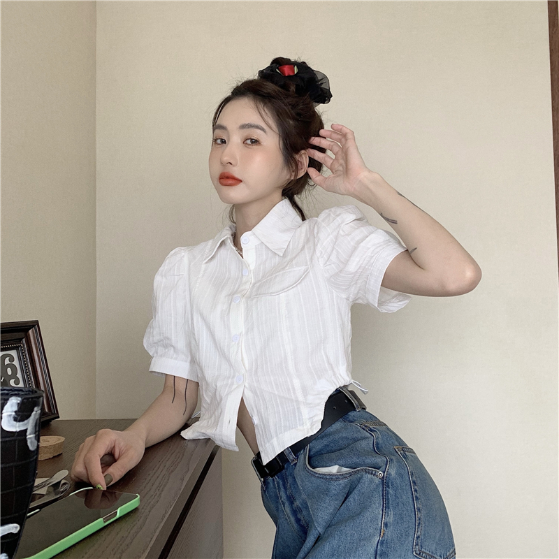 Áo kiểu crop top tay ngắn phối dây rút thiết kế độc đáo thời trang