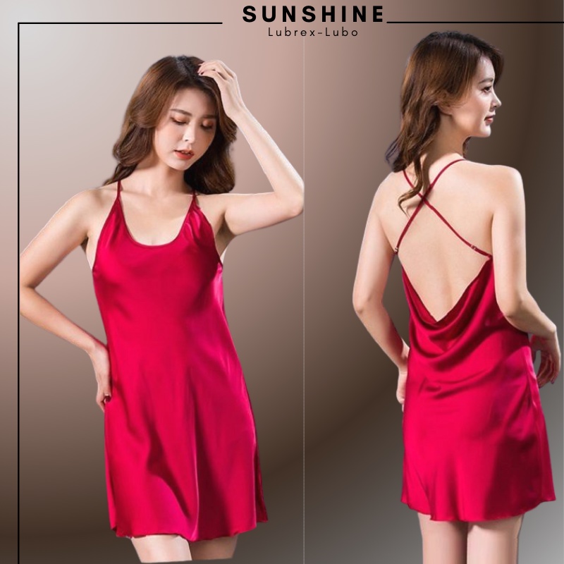 Váy ngủ hai dây lụa satin sexy cao cấp Đầm mặc nhà gợi cảm quyến rũ hở lưng dây chéo lưng SUNSHINE LUBREXLUBO-COTRON