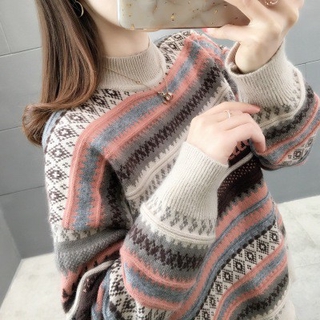 Áo len nữ đẹp, Áo len nữ thổ cẩm cổ cao dáng rộng cá tính