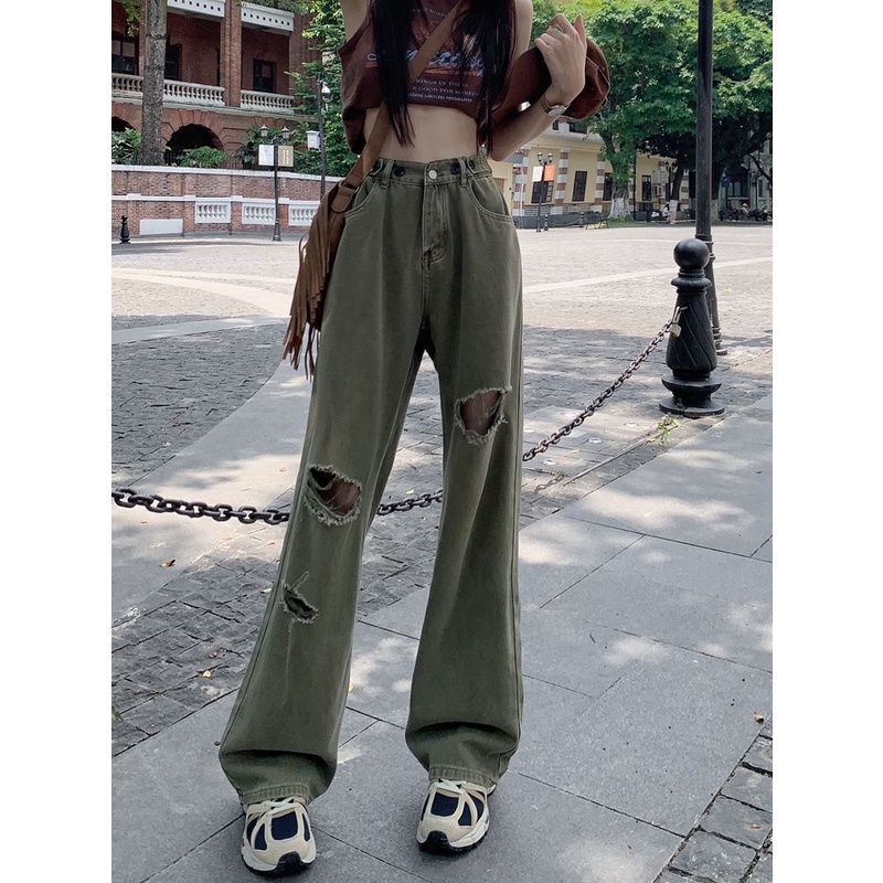 Quần Jean Rách Ống Rộng Lưng Thấp Thời Trang Mùa Hè Mới 2022 Dành Cho Bạn Nữ