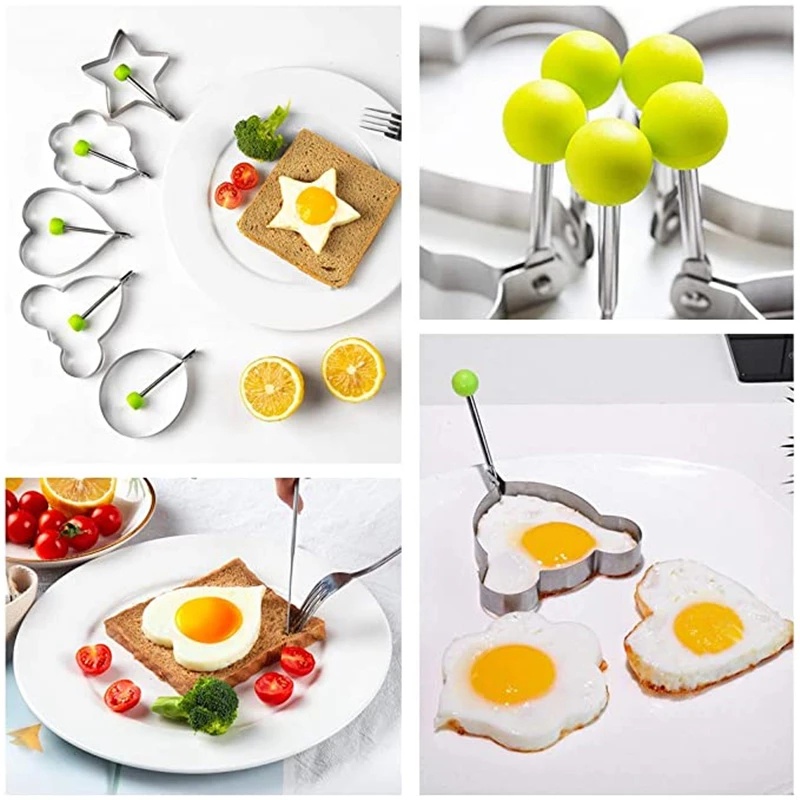 Set 5 Khuôn Tạo Hình Trứng/Bánh Pancake/Trái Tim Hoạt Hình Bằng Thép Không Gỉ Sáng Tạo Tiện Dụng Cho Nhà Bếp