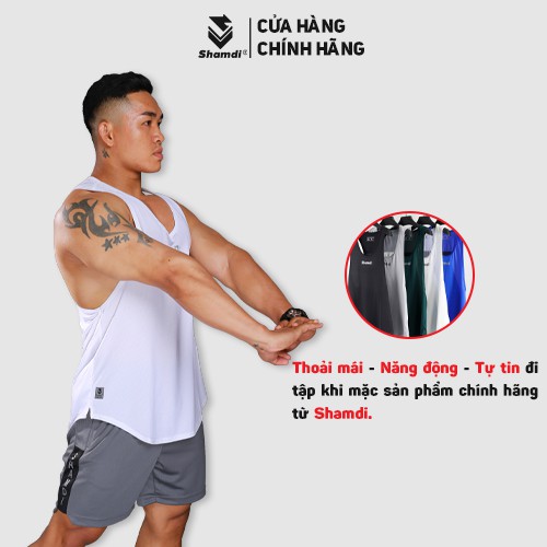 Áo tank top nam Shamdi đồ thun tập gym co giãn bốn chiều, vải poly-drop, form gym-pro 1045