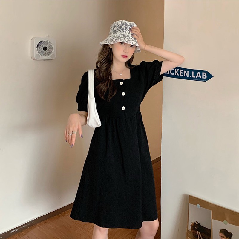 Đầm Ulzzang hè cổ vuông đơn giản mà siêu xinh, váy nữ mùa hè phối khuy