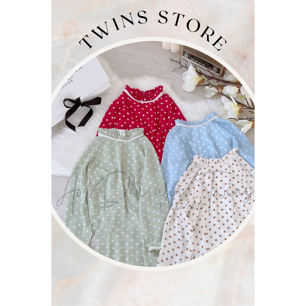 Áo dài nữ dáng ôm KÈM QUẦN - TWINS STORE họa tiết chấm bi, chất lụa - AD037