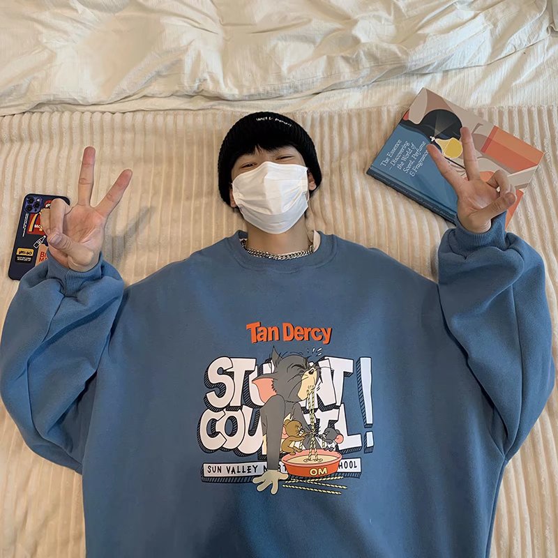【11.11 Hàng mới về】 Áo sweater tay dài cổ tròn dáng rộng màu trơn in hình mèo và chuột thời trang 3 màu size M-3XL
