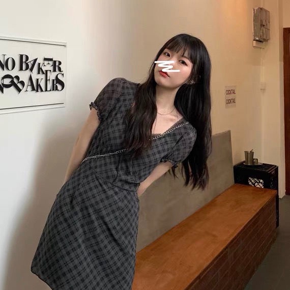 Đầm Nữ Tay Ngắn Họa Tiết Caro Đen Xám Thời Trang