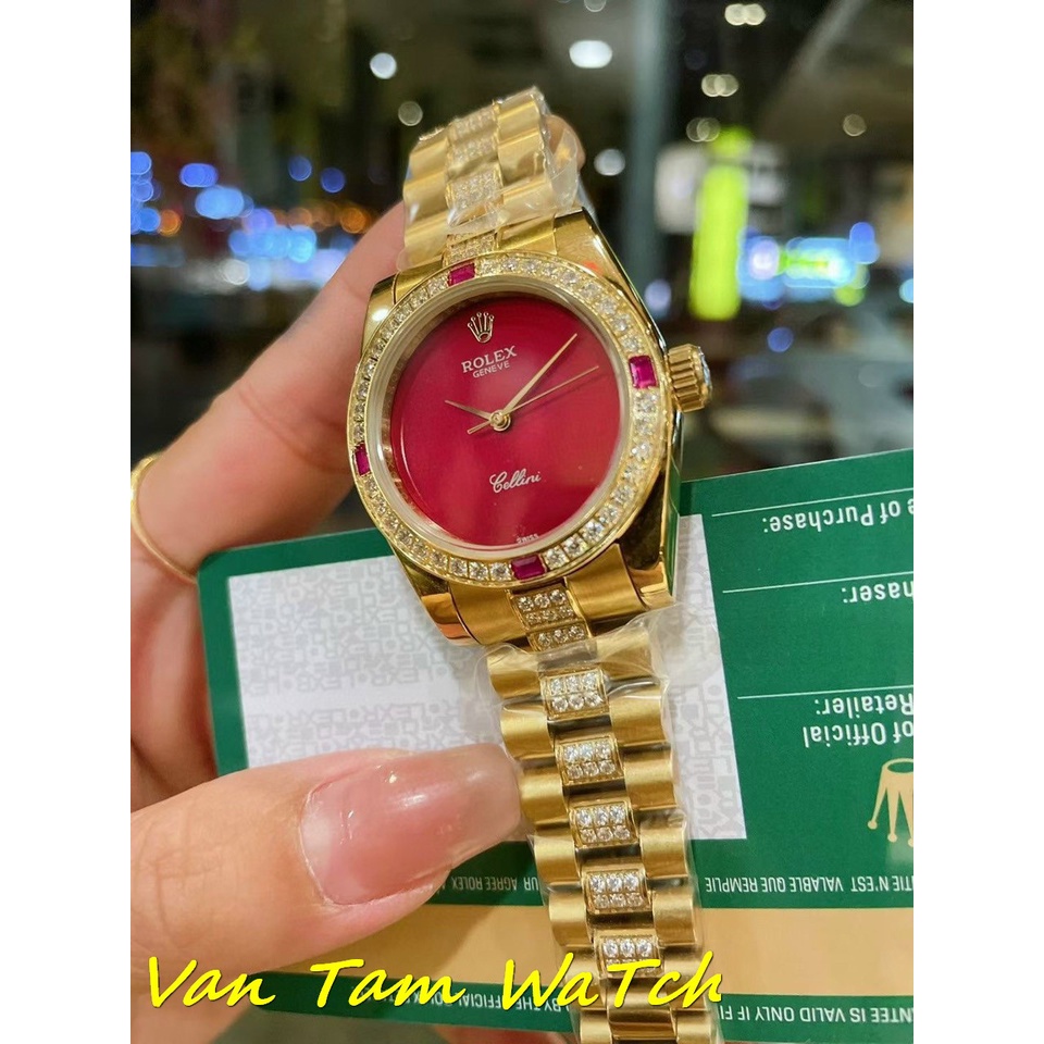 Đồng hồ nữ ROLEX 32mm máy cơ Nhật cao cấp, viền đá CZ, khung thép 904l mạ PVD