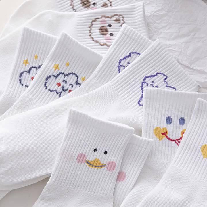 Tất cổ cao nữ, Vớ cổ cao trắng hoạt hình dễ thương vải cotton co giãn thời trang Hàn Quốc