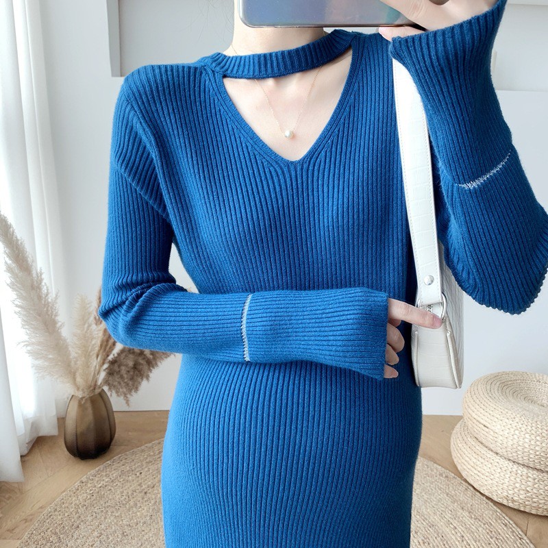Váy bầu len cổ choker mặc được 2 chiều chất len mềm ấm co giãn tốt đầm bầu freesize dài 107cm - SBV9