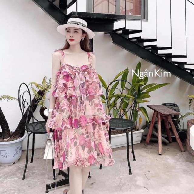 VÁY HOA HỒNG LỤA TƠ 2 DÂY BABYDOLL