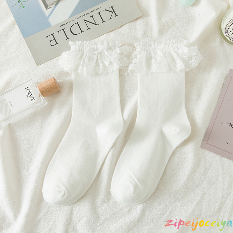 Vớ cotton cao trung bình phối ren phong cách lolita Nhật Bản thời trang ngọt ngào cho nữ
