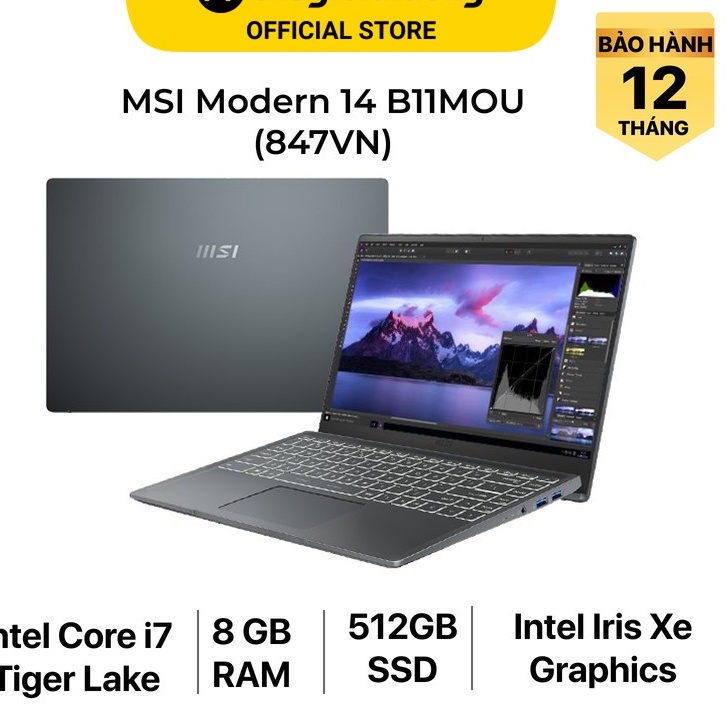 Laptop MSI Modern 14 B11MOU i7 1195G7/8GB/512GB/14"F/Túi/Chuột/Win10//Xám - Hàng chính hãng